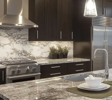 Modern kitchen with dark granite countertops remodeled in Edison, NJ