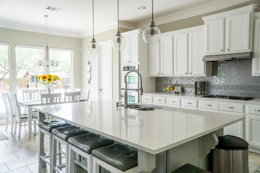 Modern white kitchen remodel with island seating in Old Bridge, NJ