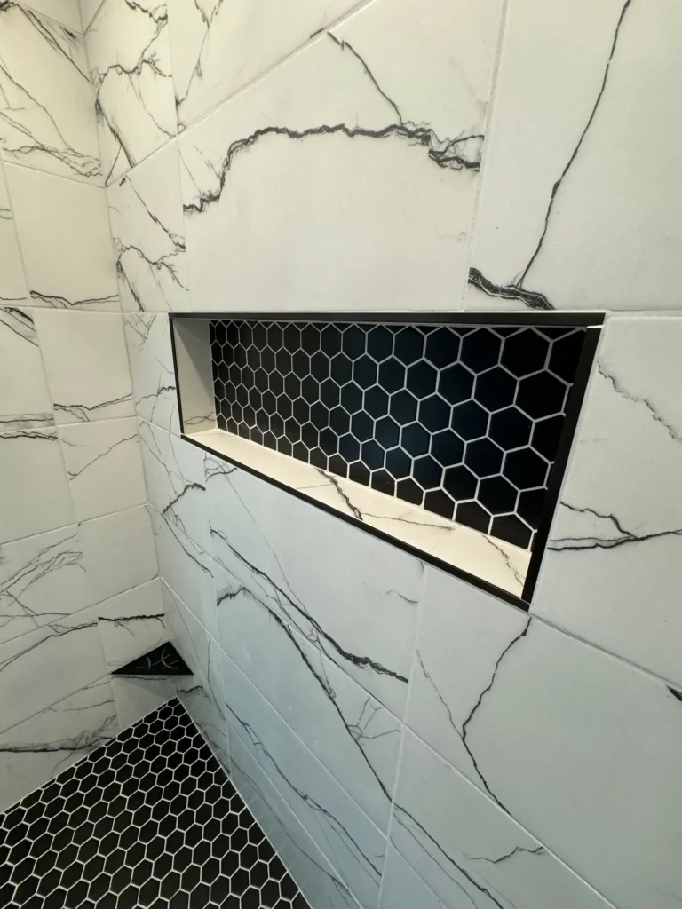 Custom tile shower niche installed by Schluter certified contractor in North Brunswick, NJ