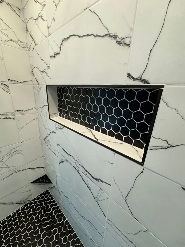 Custom tile shower niche installed by Schluter certified contractor in South Brunswick, NJ